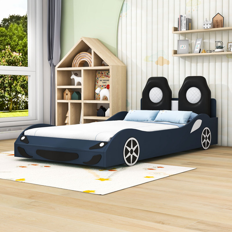 Annajane Twin Size Race Car Bed with LED Lights and Upholstered Backrest Blue